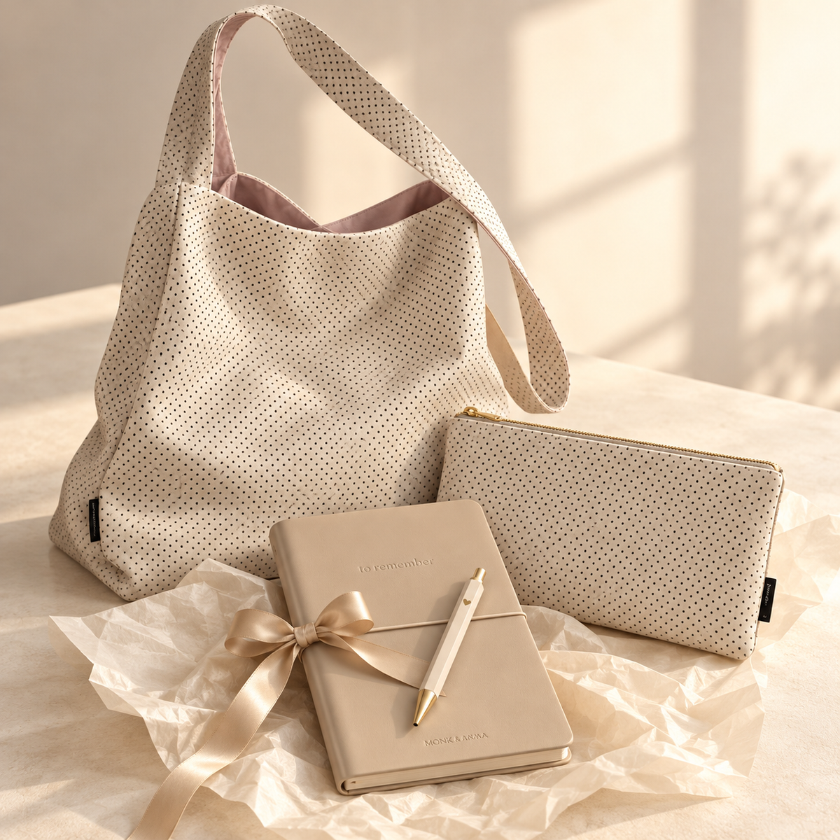 Beige cadeaupakket met schoudertas, notitieboek en pen