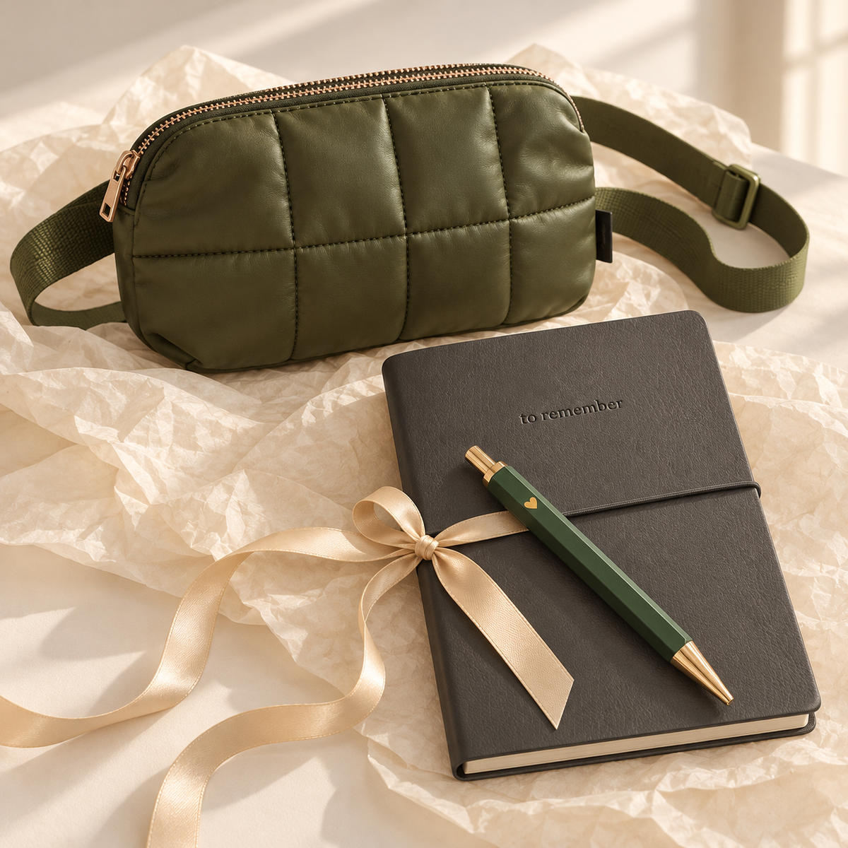Cadeaupakket met groene belt bag, notitieboek en pen