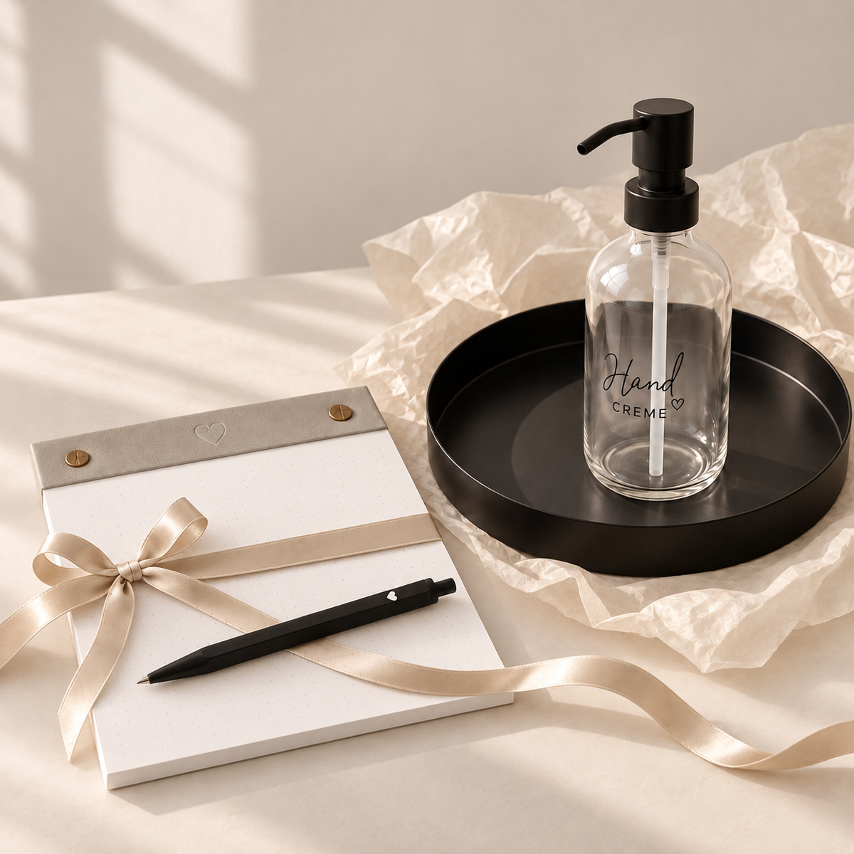 Cadeaupakket voor je bureau – dienblad, dispenser, notitieblok en pen