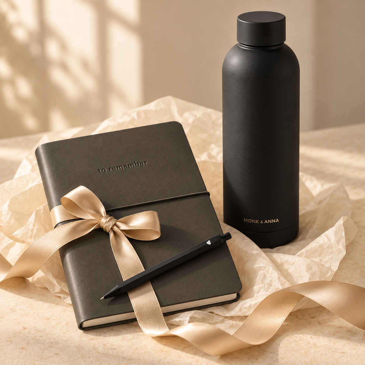 Cadeaupakket met thermosfles, notitieboek en pen